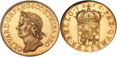 Peh Family Collection Great Britain. Pattern Broad, 1656. S.3225; Fr-273; KM-PN25; WR-39. Reeded edge. By Thomas Simon. Oliver Cromwell. Laureate bust left. Reverse; Crowned arms. The so-called gold B