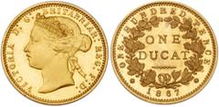 Peh Family Collection Great Britain. Gold Pattern Ducat, 1867. W&R-388 (R4); Murdock-517. 3.29g. Plain edge. By Leonard C. Wyon. Victoria, 1837-1901. Obv. Coroneted head left, VICTORIA D:G: BRITANNIAR