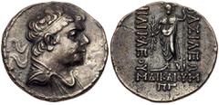 Ancient Coins Baktrian Kingdom. Heliokles I. Silver Tetradrachm (15.12 g), ca. 145-130 BC. Diademed and draped bust of Heliokles I right. Reverse: BAΣIΛEΩΣ HΛIOKΛEOYΣ ΔIKAIOY, Zeus standing facing, ho