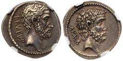 Ancient Coins Q. Servilius Caepio Brutus. Silver Denarius (3.59 g), 54 BC. Rome. BRVTVS, bare head of L. Junius Brutus right. Reverse: AHALA, bare head of Caius Servilius Ahala right. Crawford 433/2; 
