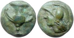 Ancient Coins Central Italy, Uncertan. AE Aes Grave As 66 mm (88.75 g), 3rd century BC. Helmeted head of Minerva left. Reverse: Kantharos. ICC 257; HN Italy 344. Fantastic glossy apple-green patina. C
