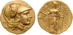 Ancient Coins Macedonian Kingdom. Alexander III 'the Great'. Gold Stater (8.58 g), 336-323 BC. Mint of Lampsakos, ca. 328/5-323 BC. Helmeted head of Athena right, coiled serpent on bowl of helmet. Rev