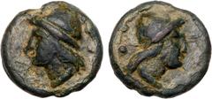 Ancient Coins Roman Republic. c. 275-270 BC. Aes Grave Sextans 36 mm (49.54 g). Head of Dioscurus right, with peaked cap; pellet behind. Reverse: Head of Dioscrus left, with peaked cap; pellet behind.