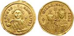 Ancient Coins Michael III, 'the Drunkard' with Thelca, 842-850, Gold Solidus (4.34 g). Bust of Theodora facing, wearing crown and loros, holding patriarchal cross on globus and cruciform sceptre. Reve