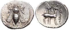 Ancient Coins Ionia, Ephesos. ca. 202-150 BC. Silver Drachm (4.23 g). Assipos, magistrate. E-Φ bee. Reverse: AΣIΠΠOY, stag standing right; in background, palm tree. Kinns p. 85. Marvelous quality, bol