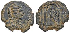Ancient Coins City Coins of Israel. Bostra (Beser). Julia Domna, ca. AD 210. AE 28 mm. Draped bust of Domna facing r. Reverse: City-goddess standing in 4 column temple. Kindler 27; Spikerman 36. Mesho