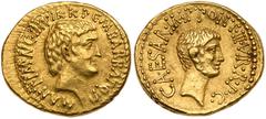 Ancient Coins As Imperators and Triumvirs. Mark Antony and Octavian, 43-33 BC. Gold Aureus (8.00g). Mint moving with M Barbatius minted Spring-Summer 41 BC. M. ANT.IMP.AVG.III.VIR.R.P.C.M. BARBAT.Q.P.