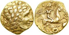 Celtic Gaul. Rennes Region (Bretagne). Gold Stater (7.72 g) struck c. 2nd century BC. EF Celtic Gaul. Rennes Region (Bretagne). Gold Stater (7.72 g) struck c. 2nd century BC. Laureate head right of Ap