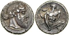 Sicily, Naxos, c. 460 BC. AR Tetradrachm (16.42 g). VF Sicily, Naxos, c. 460 BC. AR Tetradrachm (16.42 g). Bearded head of Dionysos right, wearing wreath of ivy, hair tied in bunch behind head. Revers