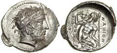 Sicily, Naxos, c. 425-415 BC. AR Tetradrachm (16.74 g). EF Sicily, Naxos, c. 425-415 BC. AR Tetradrachm (16.74 g). Head right of Dionysos, hair bound with taenia ornamented with ivy. Reverse: Silenos 