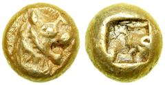 Kingdom of Lydia, Before Kroisos, c. 600-590 BC. Electrum 1/12th Stater (Hemihekte; 1.20 g). EF Kingdom of Lydia, Before Kroisos, c. 600-590 BC. Electrum 1/12th Stater (Hemihekte; 1.20 g). Lion's head