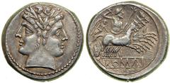 Anonymous Coinage. AR Quadrigatus (or Didrachm; 6.05 g) probably minted at Rome, c. 215-212 BC Anonymous Coinage. AR Quadrigatus (or Didrachm; 6.05 g) probably minted at Rome, c. 215-212 BC. Laureate 