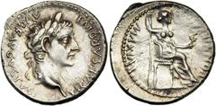Tiberius, AD 14-37. AR Denarius, mint of Lugdunum. EF Tiberius, AD 14-37. AR Denarius, mint of Lugdunum. Laureate head of Tiberius, right. Reverse: Female figure (Livia?) seated right on chair with pl