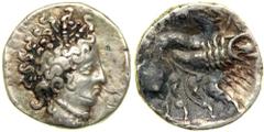 Celtic Coinage. Cisalpine Gaul. Lombard Plain. AR Light Drachm (2.47g), struck 2nd century BC. "Scorpion" type, imitating Massalia. Head right of nymph with hair in upswept curls and wearing beaded ch