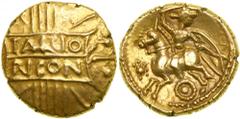 Celtic Coinage. Britain. The Catuvellauni and Trinovantes. Tasciovanus, c. 25-10 BC. Gold Stater (5.43 g) minted 15-10 BC. Two-line inscription on tablet set on vertical wreath. Reverse: Celtic warrio