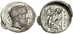 Sicily, Naxos, c. 425-415 BC. AR Tetradrachm (16.74 g). Head right of Dionysios, hair bound with taenia ornamented with ivy. Reverse: Silenos squatting, head left, holding kantharos and thyrsos; to le