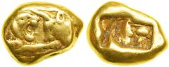 Kings of Lydia. Kroisos, c. 561-546 BC. Gold Stater (Light Series; 8.0 g). Confronted foreparts of lion and bull. Reverse: Two square incuses of differing sizes. SNG von Aulock 2875. Dewing 2431; BMC 