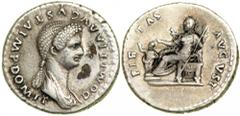 Domitia, wife of Domitian, AD 81-96. AR Denarius (3.36 g) minted at Rome, AD 82-83. Draped bust right of Domitia. Reverse: Pietas, veiled, seated left, holding scepter and reaching to child standing b