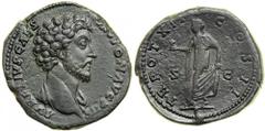 Marcus Aurelius, AD 161-180. AE Sestertius minted at Rome as Caesar by Antoninus Pius, AD 157-158. Bare-headed and draped bust right of Marcus Aurelius. Reverse: Spes advancing left, holding flower an