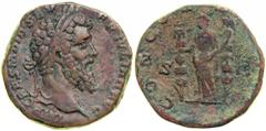 Didius Julianus, AD 193. AE Sestertius minted at Rome, 28 March-1/2 June AD 193. Laureate head right of Didius Julianus. Reverse : Concordia Militum standing left, holding two standards. Sear 6075; RI