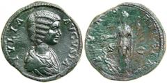 Julia Domna, wife of Septimius Severus, AD 193-211. AE Sestertius minted at Rome, AD 197. Draped bust right of Julia Domna. Reverse: Juno standing left, holding patera and scepter; at feet, peacock. R