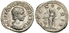 Aquilia Severa, wife of Elagabalus, AD 218-222. AR Denarius minted at Rome. Draped bust right of Aquilia Severa. Reverse: Concordia standing left, holding patera and cornuacopiae; altar at feet; in le