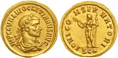 Diocletian, AD 284-305. Gold Aureus (5.31 g) minted at Cyzicus. Laureate, cuirassed and draped bust right of Diocletian. Reverse: Jupiter standing left, holding thunderbolt and scepter. Cf. RIC Vol. V