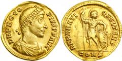 Procopius, AD 365-366. Gold Solidus (3.99 g) minted at Constantinople. Diademed, cuirassed and draped bust right of Procopius. Reverse: Emperor standing left, head right, holding spear and shield. RIC