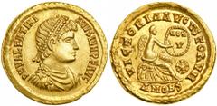 Valentinian II, AD 375-392. Gold Solidus (4.25 g) minted at Antioch, AD 378-383. Diademed, cuirassed and draped bust right of Valentinian II. Reverse: Victory seated right inscribing shield; in right 