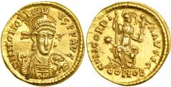 Honorius, AD 393-423. Gold Solidus (4.45 g) minted at Thessalonica, AD 403-408. Helmeted and cuirassed bust facing of Honorius holding spear. Reverse: Constantinopolis enthroned right, holding scepter