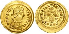 Maurice Tiberius, 582-602. Gold Tremissis (1.51 g) minted at Ravenna. Diademed, cuirassed and draped bust right of Maurice Tiberius. Reverse: Victory advancing right with head left, holding wreath and