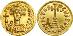 Duchy of Beneventum. Liutprand, 751-758. Gold Solidus (3.97 g) minted c. 756-757. Facing bust of Justinian II wearing crown, mantle and robe; in right hand, globus cruciger; in left, mappa. Reverse: C