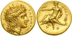 Tarentum/Taras. Gold ½ Stater (4.26g) struck c. 334-332 BC. TAPANTINΩN. Head right of Hera, wearing stephane, triple-pendant earring and beaded necklace, hair falling in waves down her neck; to left, 