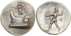 Macedonian Kingdom. Demetrios I, Poliorketes, 306-283 BC. AR Tetradrachm (16.7g) minted at Salamis, ca. 300-295 BC. Nike (Victory) standing left on prow of galley, supporting salpinx with right hand, 