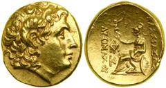 Thracian Kingdom. Lysimachos, 323-281 BC. Gold Stater (8.3 g) uncertain mint, Pella (?). Diademed head of the deified Alexander the Great right wearing horn of Ammon. Reverse: Athena Nikephoros seated