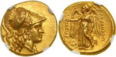 Syria (Seleucid Kingdom). Seleukos I Nikator, as satrap, 312-280 BC. Gold Stater (8.57g). In the name and type of Alexander III of Macedon. Helmeted head of Athena right, hair flowing in curls, griffi