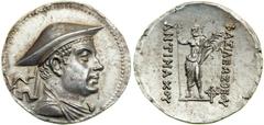 Baktrian Kingdom. Antimachos I, Theos, ca. 180-170 BC. AR Tetradrachm (16.9g), Attic standard. Diademed and draped bust of Antimachos facing right wearing kausia. Reverse: BAΣIΛEΩΣ θEOY ANTIMAΧOY. Pos