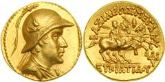 Baktria. Eukratides, c. 171-145 BC. Gold Stater (8.46g). Diademed and draped bust right of Eukratides in helmet adorned with bull's ear and horn. Reverse : BAΣIΛEΩΣ MEΓAΛOY EYKPATIΔOY. Dioskouri on re