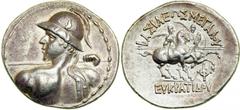 Baktrian Kingdom. Eukratides I, ca. 171-145 BC. AR Tetradrachm (16.8g), Attic standard. Diademed, heroic bust of Eukratides left, wearing helmet adorned with a bull's ear and horn, brandishing javelin