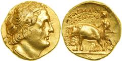 Ancient Egypt. Ptolemy I Soter, 305-283 BC. Gold Stater (7.1g) minted at Kyrene, 298/7-295/4 BC. Diademed head of Ptolemy I right, aegis around neck. Reverse : ΠTOΛEMAIOY BAΣIΛEYΣ. Deified Alexander I