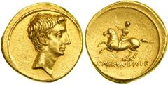 Octavian. Gold Aureus (7.8g) minted at Rome, 32-31 BC. Bare head right of Octavian right. Reverse: Equestrian statue of Octavian galloping left, his right hand extended. Sear 1530; Calicó 187; RIC 262
