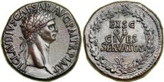 Claudius, AD 41-54. AE Sestertius (28.1g) minted at Rome, AD 41-42. TI CLAVDIVS CAESAR AVG P M TR P IMP. Laureate head right of Claudius. Reverse : EX S C / OB / CIVES / SERVATOS in four lines within 