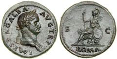 Galba, AD 68-69. AE Sestertius (26.6 g) minted at Rome, June-August AD 68. IMP SER GALBA AVG TR P. Laureate and draped bust of Galba right. Reverse: ROMA in exergue; S C. Roma seated left, holding a s