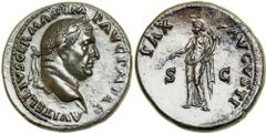 Vitellius, AD 69. AE Dupondius (13.95g) minted at Rome, September-October AD 69. A VITELLIVS GERMAN IMP AVG P M TR P. Laureate head right of Vitellius. Reverse : PAX AVGVSTI. Pax (Peace) standing left