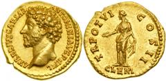 Marcus Aurelius, AD 161-180. Issued as Caesar under Antoninus Pius. Gold Aureus (7.4g) minted at Rome, AD 151-152. AVRELIVS CAESAR ANTONINI AVG PII FIL. Bare head of bearded Marcus Aurelius left. Reve