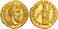 Pertinax, AD 193. Gold Aureus (7.1g) minted at Rome, AD 193. IMP CAES P HELV PERTIN AVG. Laureate, bearded head right of Pertinax. Reverse : LAETITIA TEMPOR COS II. Laetitia (Joy) standing left, holdi
