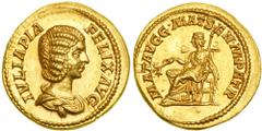 Julia Domna, mother of Caracalla. Gold Aureus (7.4g) minted at Rome, AD 211. IVLIA PIA FELIX AVG. Bare-headed, draped bust of Julia Domna right. Reverse : MAT AVGG MAT SEN M PATR. Julia Domna enthrone