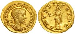 Gordian III, AD 238-244. Gold Aureus (4.90 g) minted at Rome, AD 239. Laureate, draped and cuirassed bust of Gordian III right. Reverse: PM TR P II COS PP. Providentia standing left on short groundlin