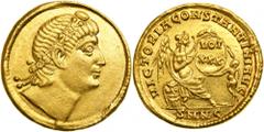 Constantine I, the Great, AD 307-337. Gold Solidus (4.3g) minted at Nicomedia, AD 335. Anepigraphic. Rosette-diademed head of Constantine right, his eyes uplifted. Reverse: VICTORIA CONSTANTINI AVG. V