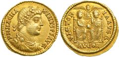 Magnus Maximus, AD 383-388. Gold Solidus (4.59g) minted at Londonium-Augusta (London), AD 384. Rosette-diademed, draped and cuirassed bust of Maximus right. Reverse: Maximus and Theodosius enthroned f